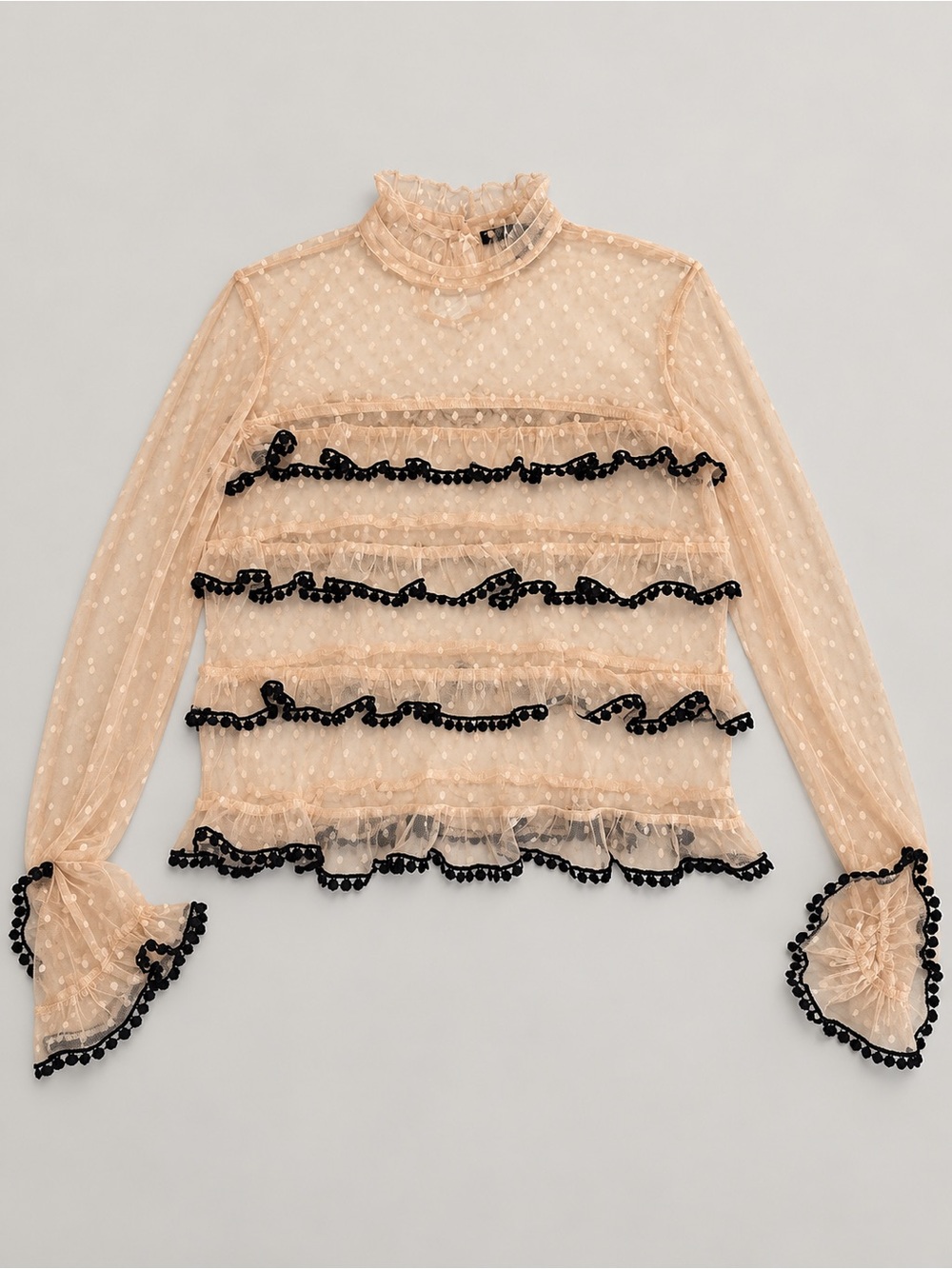 Buffalo David Bitton Sheer Nude Long-Sleeve Ruffled Top with Black Trim